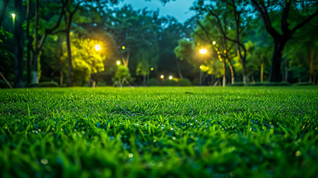 Green grass in the park at night with light bokeh.の素材