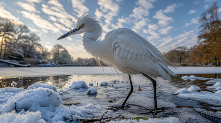 Snowy winter landscape with a snowy lake in the foreground and a white egret in the backgroundの素材