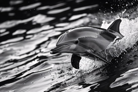 Dolphin jumping out of the water. Black and white photo.の素材