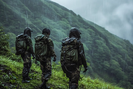 Group of soldiers walking in the rain in the mountains. Selective focusの素材