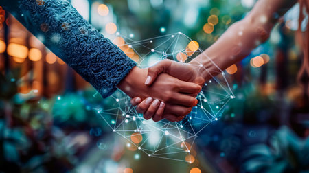 Digital composite of Handshake against low angle view of business people shaking handsの素材