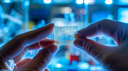 Microprocessor chip in the hands of a scientist, close-upの素材