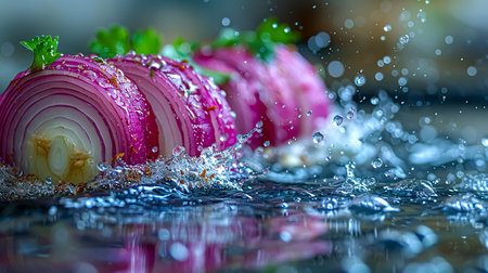 Sliced red onion with water drops on a dark background.の素材