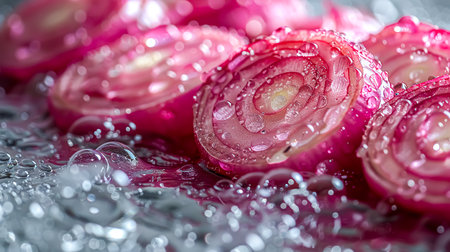 Red onion with water drops on a dark background, close-upの素材