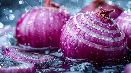 Close up of fresh red onions with water drops on the surface.の素材