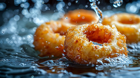 Crispy fried onion rings with water splashes on dark backgroundの素材