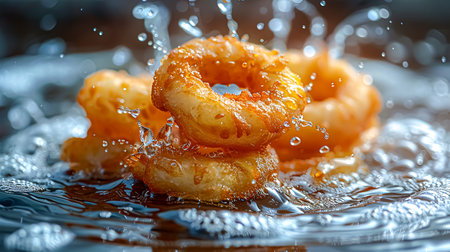 Fried squid rings with water splash. Shallow depth of field.の素材