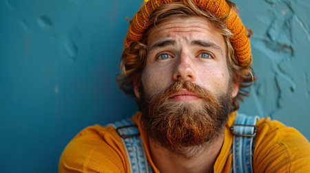 Close up portrait of a young hipster man with long beard and mustache wearing yellow t-shirt and orange hatの素材