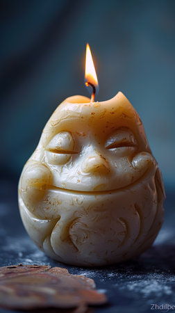 Burning candle in the shape of a smiley on a dark backgroundの素材