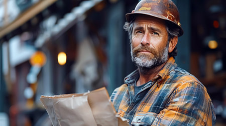 Portrait of a mature male construction worker wearing safety helmet and working overalls.の素材