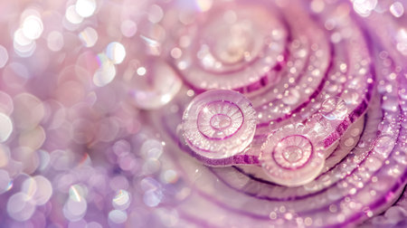 Close up of purple onion rings with water drops. Abstract background.の素材