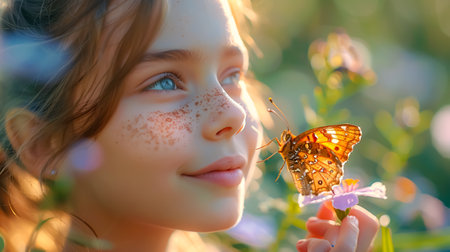 Cute little girl playing with butterfly in meadow at sunset.の素材