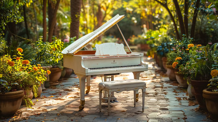 White grand piano in the garden, vintage style, selective focus.の素材