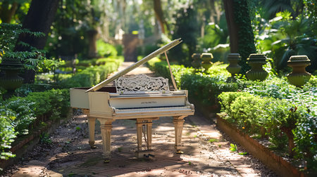 Piano in the garden with beautiful nature background. Selective focus.の素材