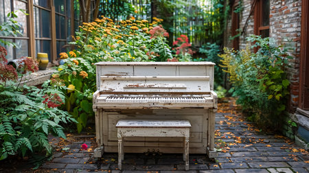 Old piano in the garden. Vintage piano in the garden. Old piano in the gardenの素材