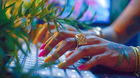 Close up of female hands with manicure and jewelry on the keyboardの素材