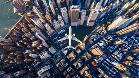 Aerial view of airplane flying over the city. Travel concept.の素材