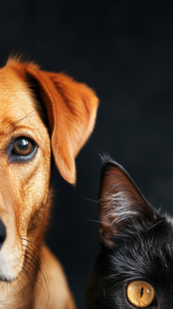 Close-up portrait of a dog and cat on a black backgroundの素材