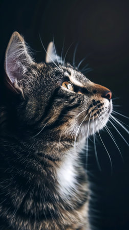 Portrait of a tabby cat on a black background. Close-up.の素材