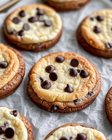 Chocolate Chip Cookies with Chocolate Chips and Cream Cheese on Crumpled Paperの素材