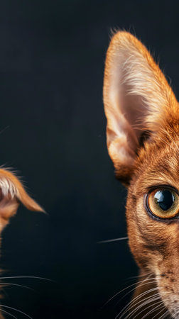Close-up portrait of a purebred abyssinian cat on black backgroundの素材
