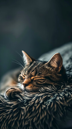 Cute tabby cat sleeps on a soft blanket. Selective focus.の素材