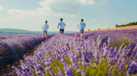 Group of friends running in lavender field. Men and women running in the lavender field.の素材