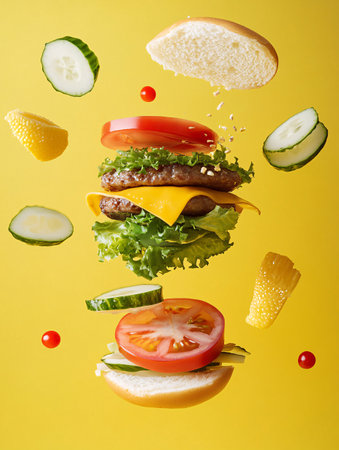 Burger with flying ingredients on yellow background. Creative food concept.の素材