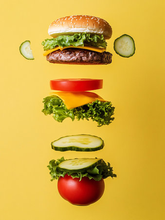 Flying hamburger with vegetables on yellow background. Creative food concept.の素材