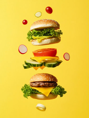 Flying cheeseburgers with vegetables on yellow background. Creative food conceptの素材
