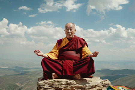 Buddhist monk meditating in lotus pose on top of mountainの素材