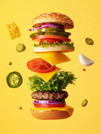 Flying hamburger with flying ingredients on yellow background. Fast food conceptの素材