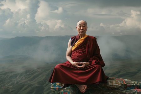 Buddhist monk sitting on the top of a mountain and meditatingの素材
