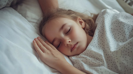 Cute little girl sleeping in bed at home. Happy childhood concept.の素材
