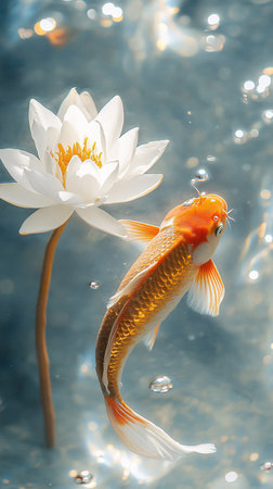 Goldfish and white lotus flower on blue water background with reflectionの素材