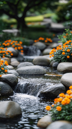 Marigold flowers and waterfall in the garden. Selective focus.の素材