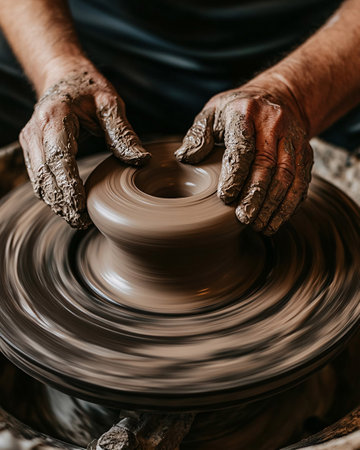 Hands of a potter, creating an earthen jar on the circleの素材