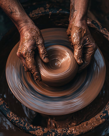 hands of a potter, creating an earthen jar on the circleの素材