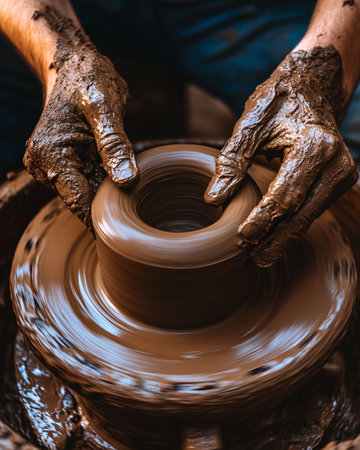 hands of a potter, creating an earthen jar on the circleの素材