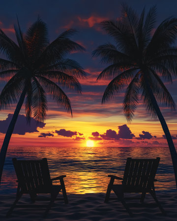 Two chairs on a tropical beach at sunset, 3d render.の素材