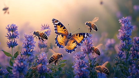 Butterflies on purple flowers in the morning sunlight. Summer background.の素材