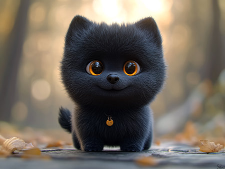 Cute little black pomeranian kitten with orange eyes in autumn forestの素材