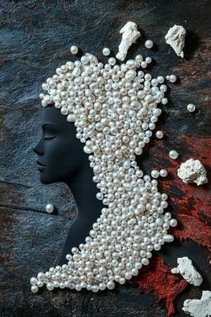 Black woman face made of white pearls on black stone background.の素材