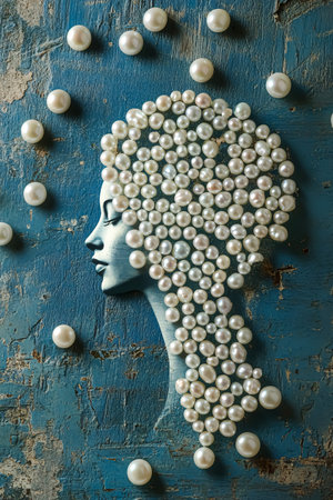 Beautiful portrait of woman with pearls on grunge blue backgroundの素材