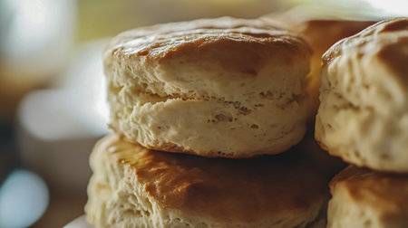 Close up of a stack of freshly baked scones in a bakeryの素材