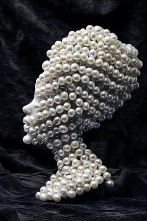 Pearl necklace on a black background, close-up, verticalの素材