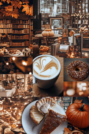 Collage of photos of coffee and desserts in a cozy cafe.の素材