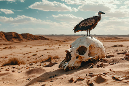 Vulture on the skull of a dead animal in the desert.の素材