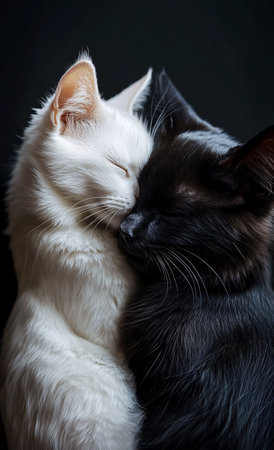 Black and white cat kissing a white cat on a black background.の素材