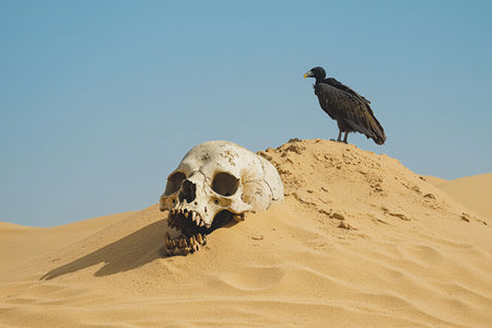 skull and black vulture on the sand in oman desertの素材